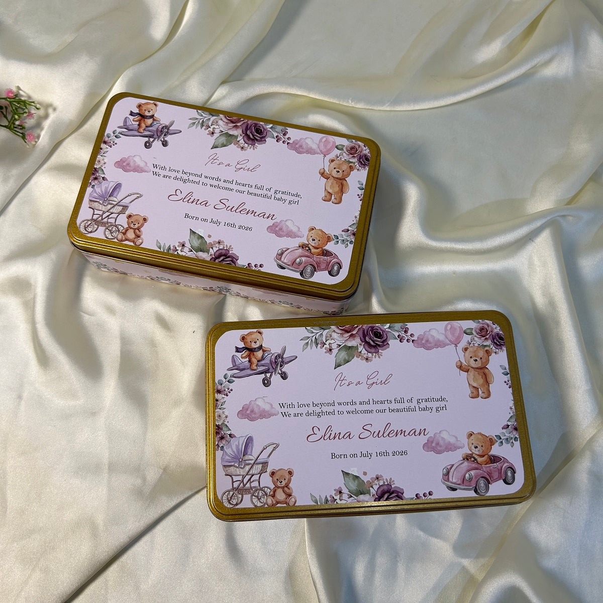 Baby Girl Announcement Tin Box -  Teady with plane and car