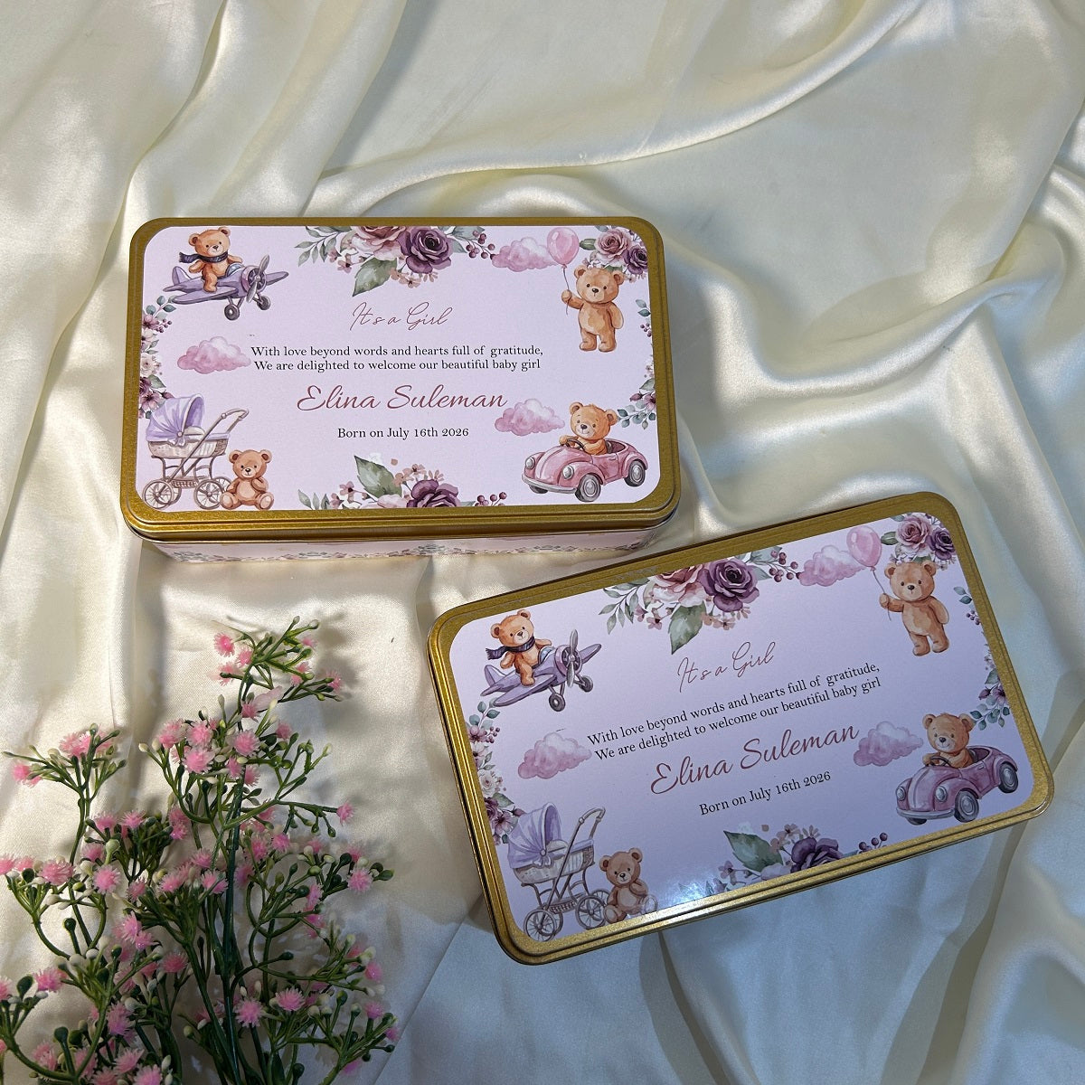 Baby Girl Announcement Tin Box -  Teady with plane and car