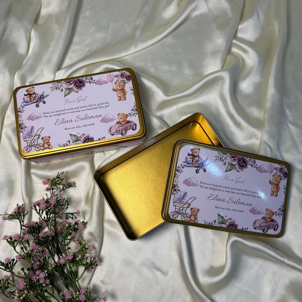 Baby Girl Announcement Tin Box -  Teady with plane and car