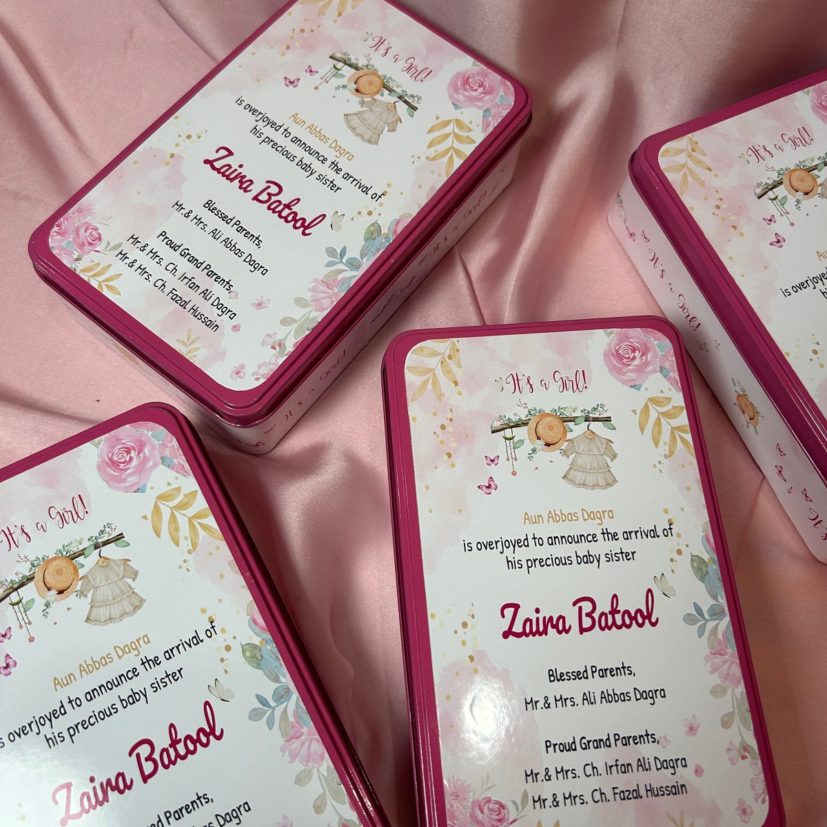 Baby Girl Announcement Tin Box - Floral and hanging dress design