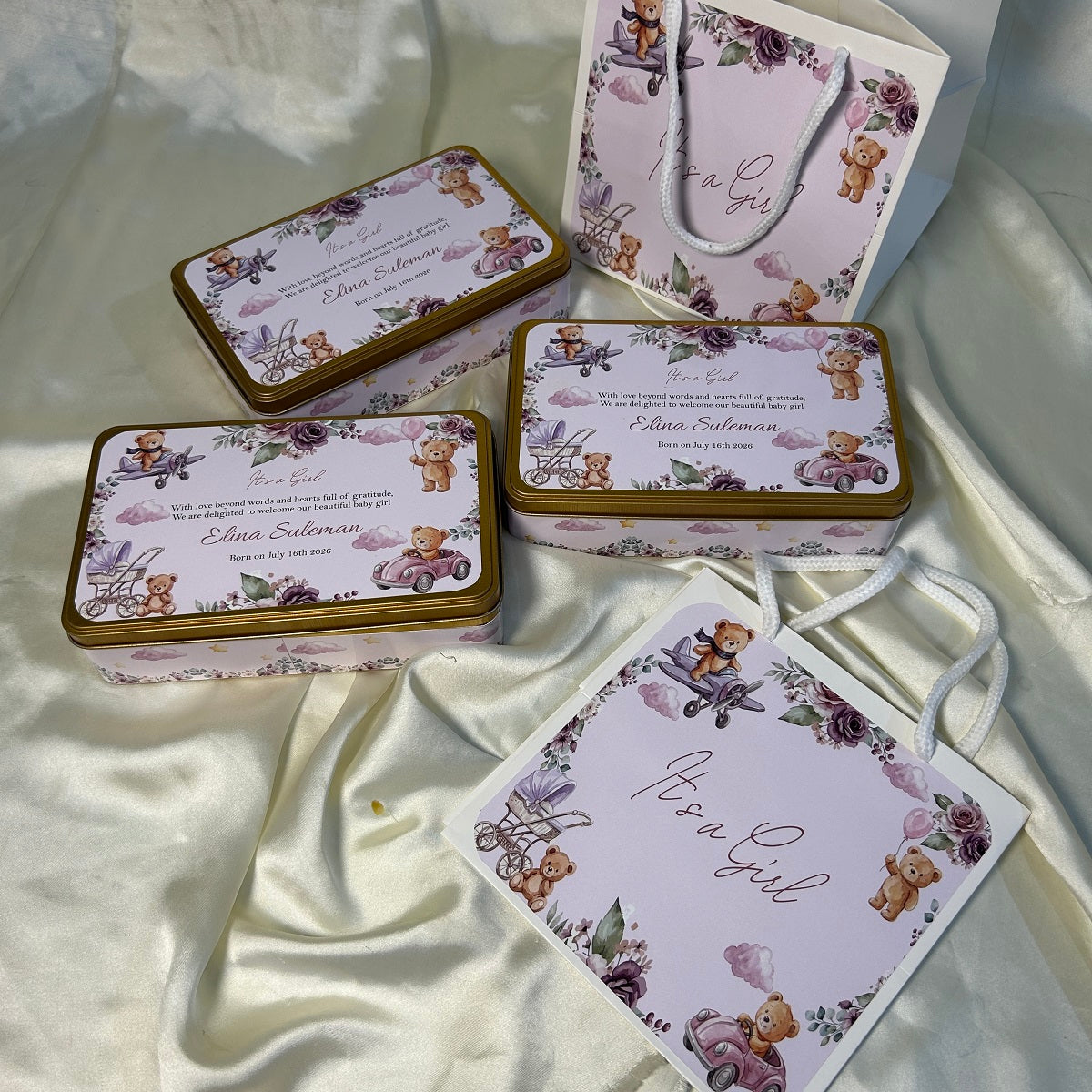 Baby Girl Announcement Tin Box -  Teady with plane and car