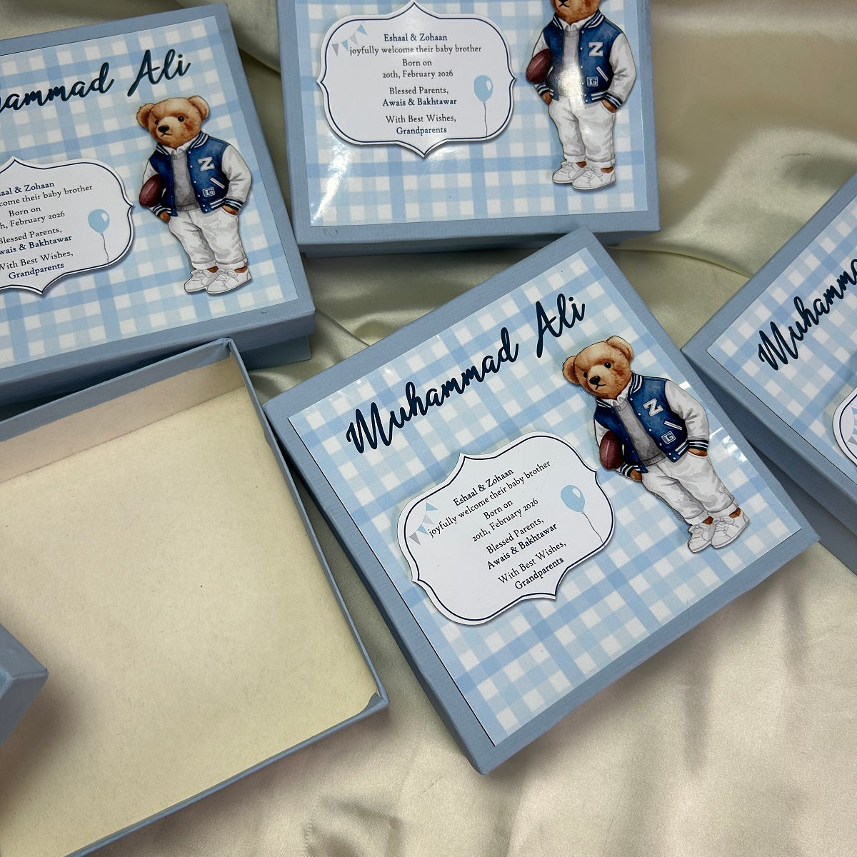 Baby boy announcement (Polo Teddy Bear, Plaid theme)