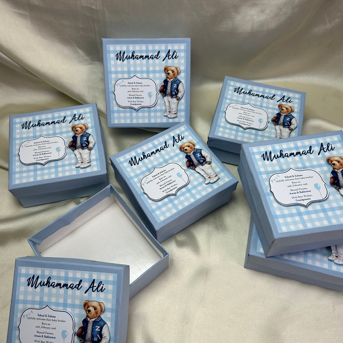 Baby boy announcement (Polo Teddy Bear, Plaid theme)