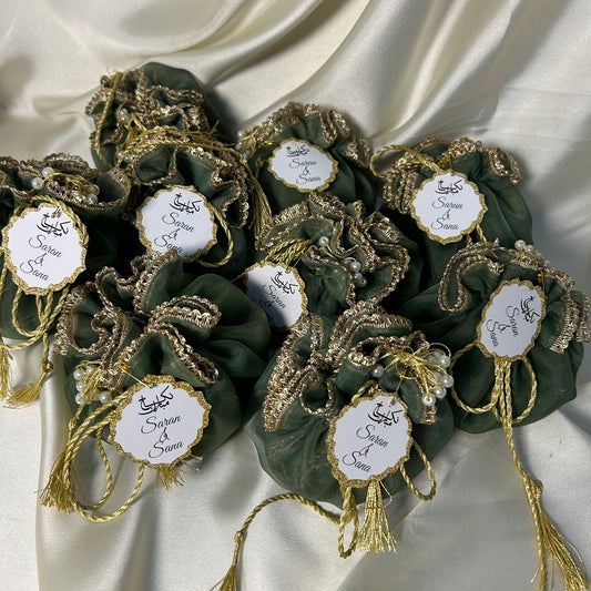 Mint Green Organza potlis with pearl lace and tassel