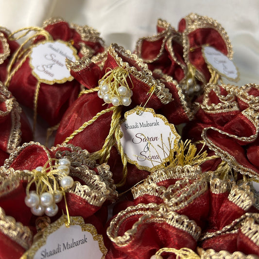 Maroon Organza Potlis with single pearl tassel and name tag