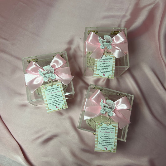 Baby Girl Announcement Acrylic Box with Tag and Ribbon Bow
