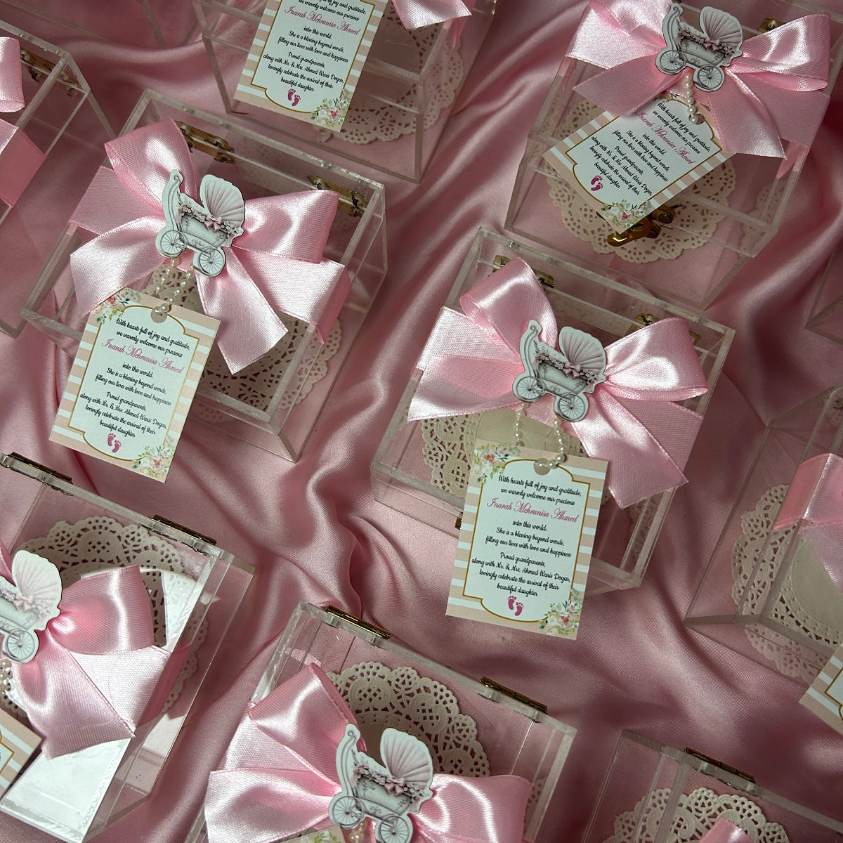 Baby Girl Announcement Acrylic Box with Tag and Ribbon Bow