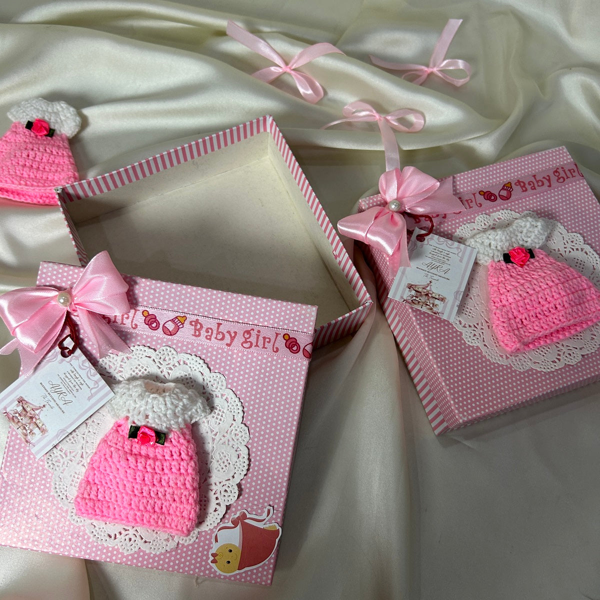 Baby girl Announcement box with Crochet & Ribbon Bow
