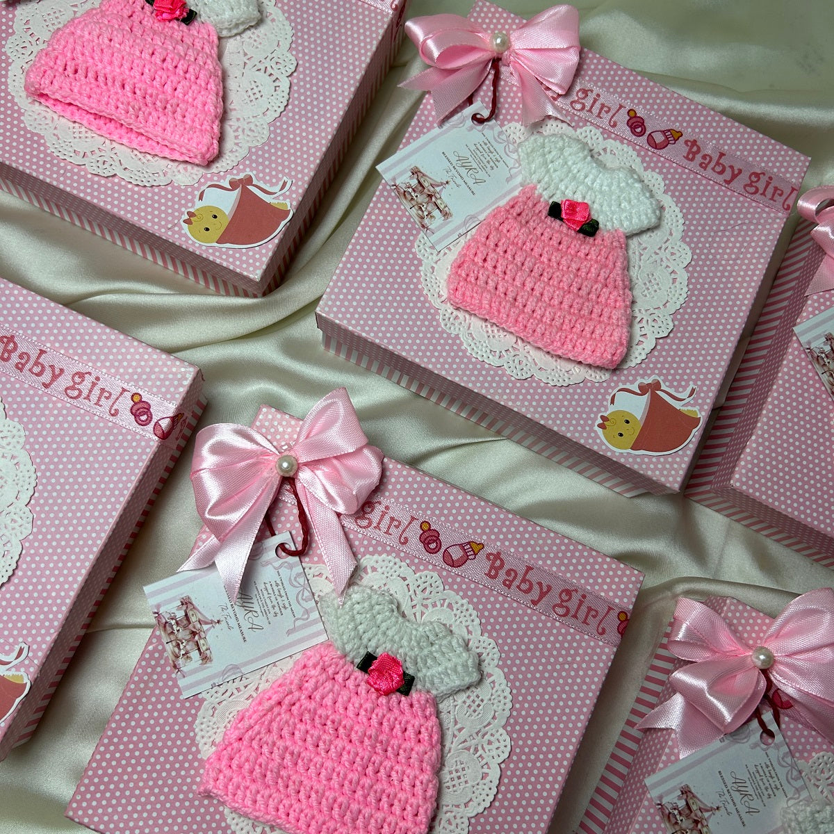 Baby girl Announcement box with Crochet & Ribbon Bow