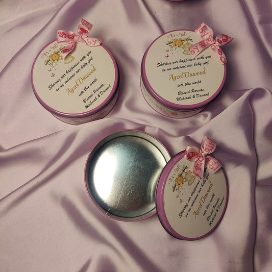 Baby Girl Announcement Tin Box - Floral and hanging dress design