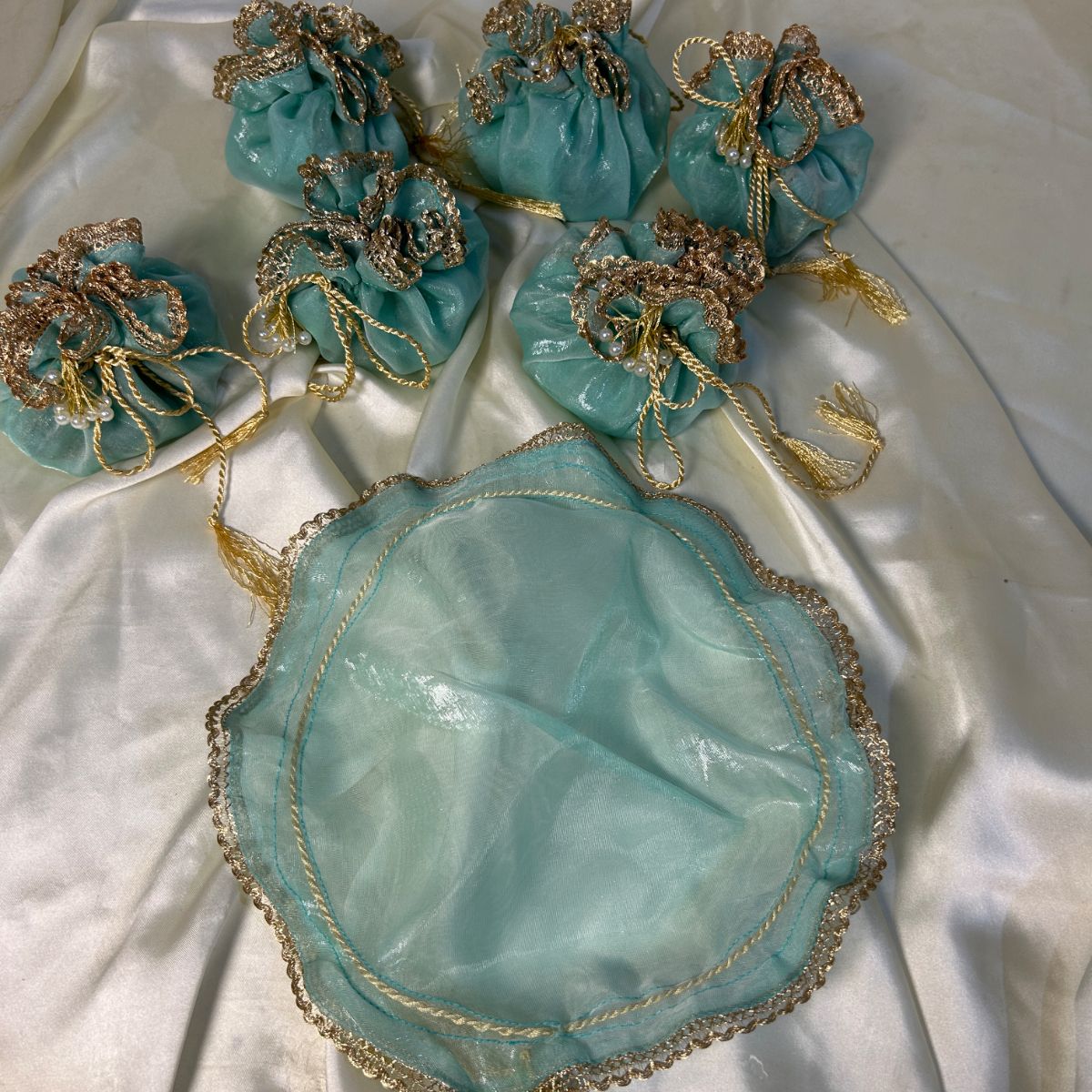 Ice Blue Double Organza potlis with Pearl tassel and name tag