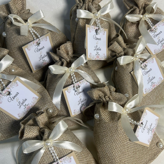 Khaki Jute Bag with Pearl ,ribbon and Name tag