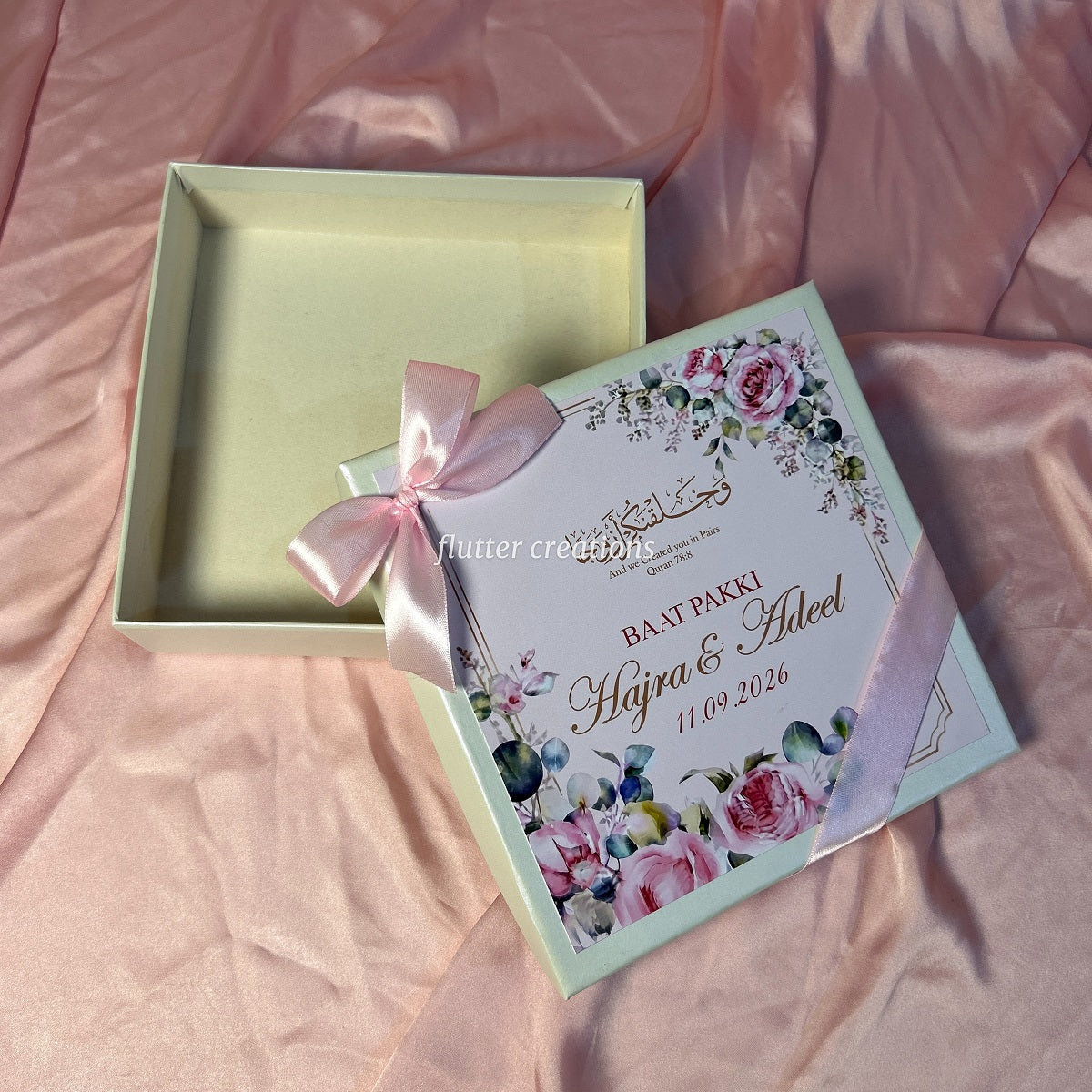 Engagement Mithai Box with Pink Ribbon (Floral design)