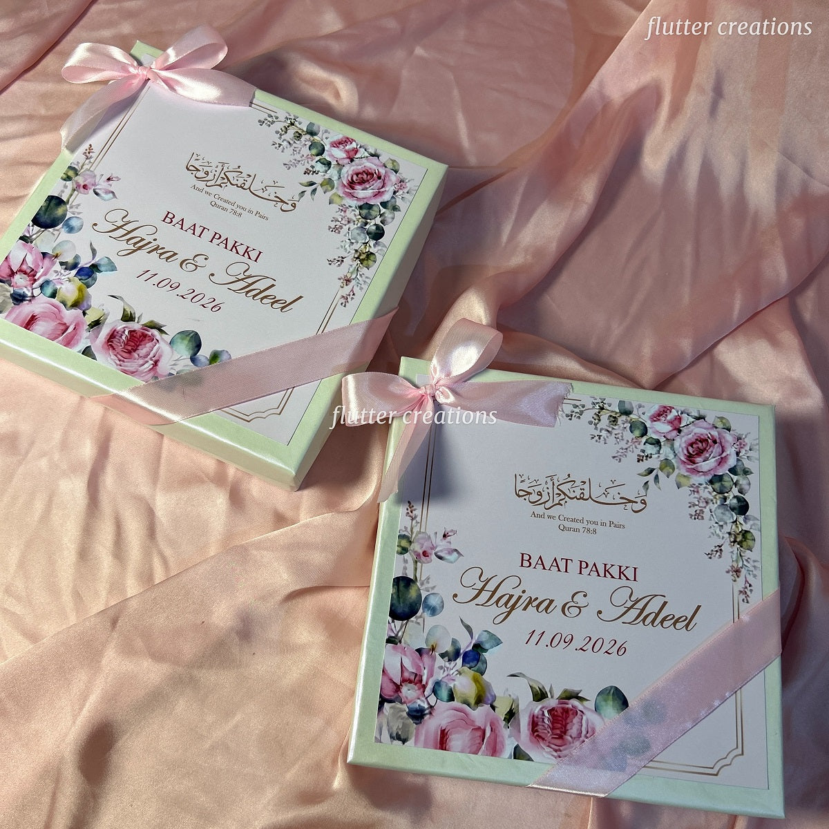Engagement Mithai Box with Pink Ribbon (Floral design)