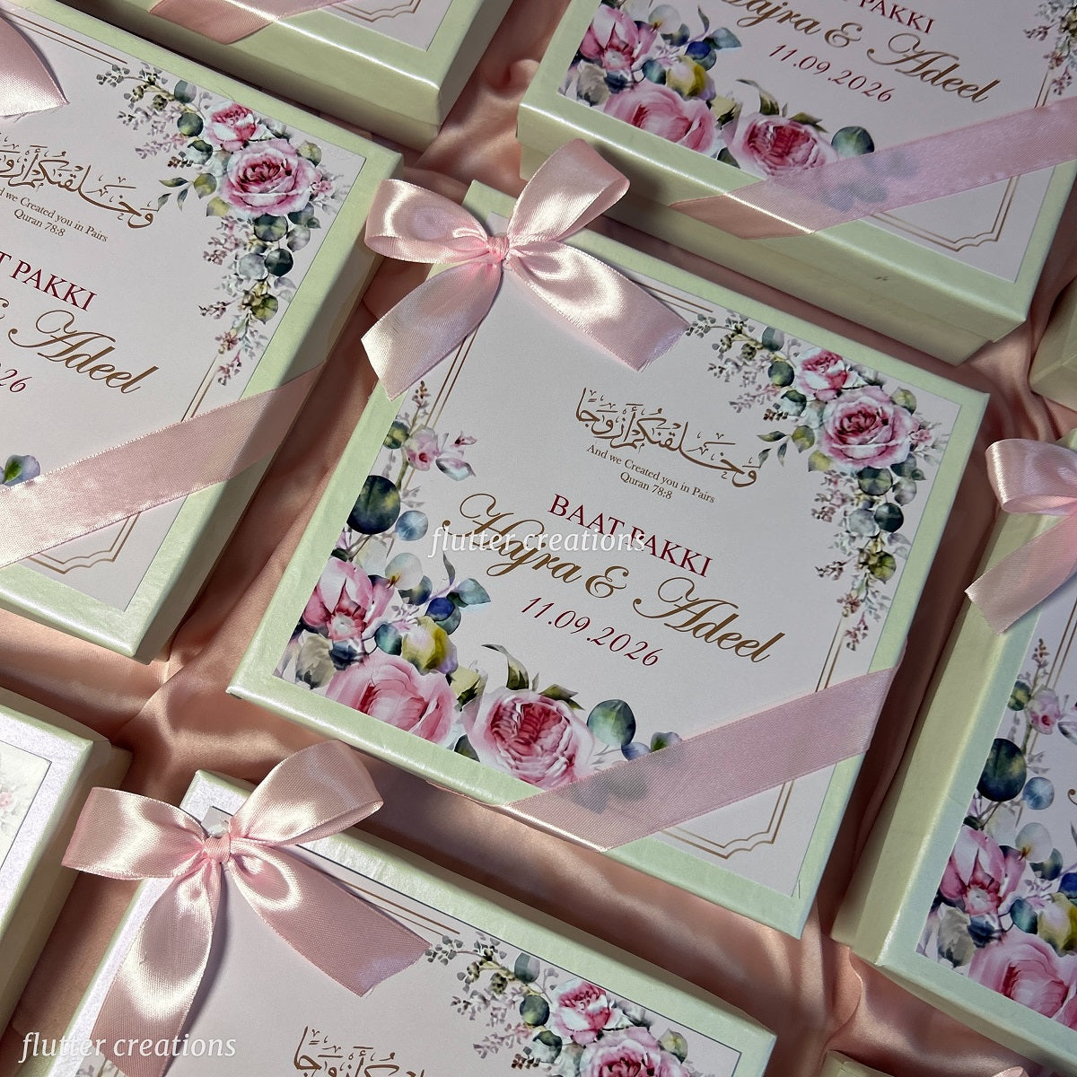Engagement Mithai Box with Pink Ribbon (Floral design)