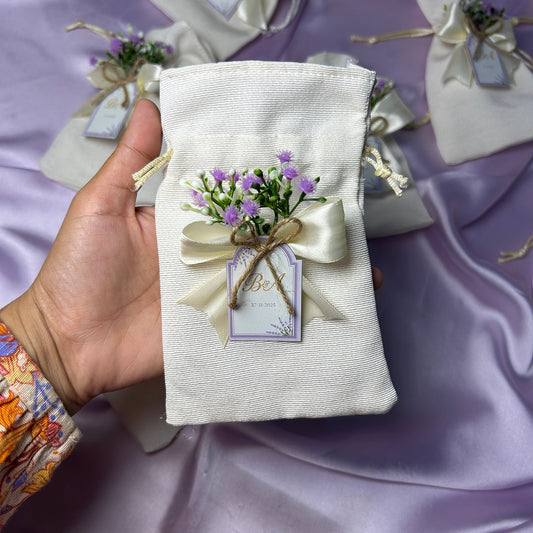 Premium White Pouches with Purple Baby breath