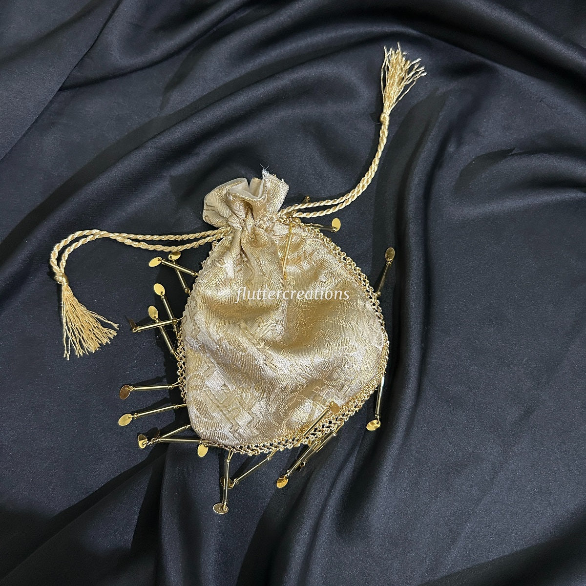 Red or Golden Jamawar Pouches with Jhalar Lace