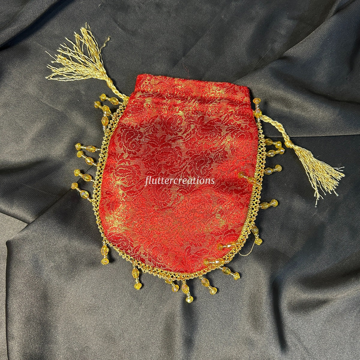 Red or Golden Jamawar Pouches with Jhalar Lace