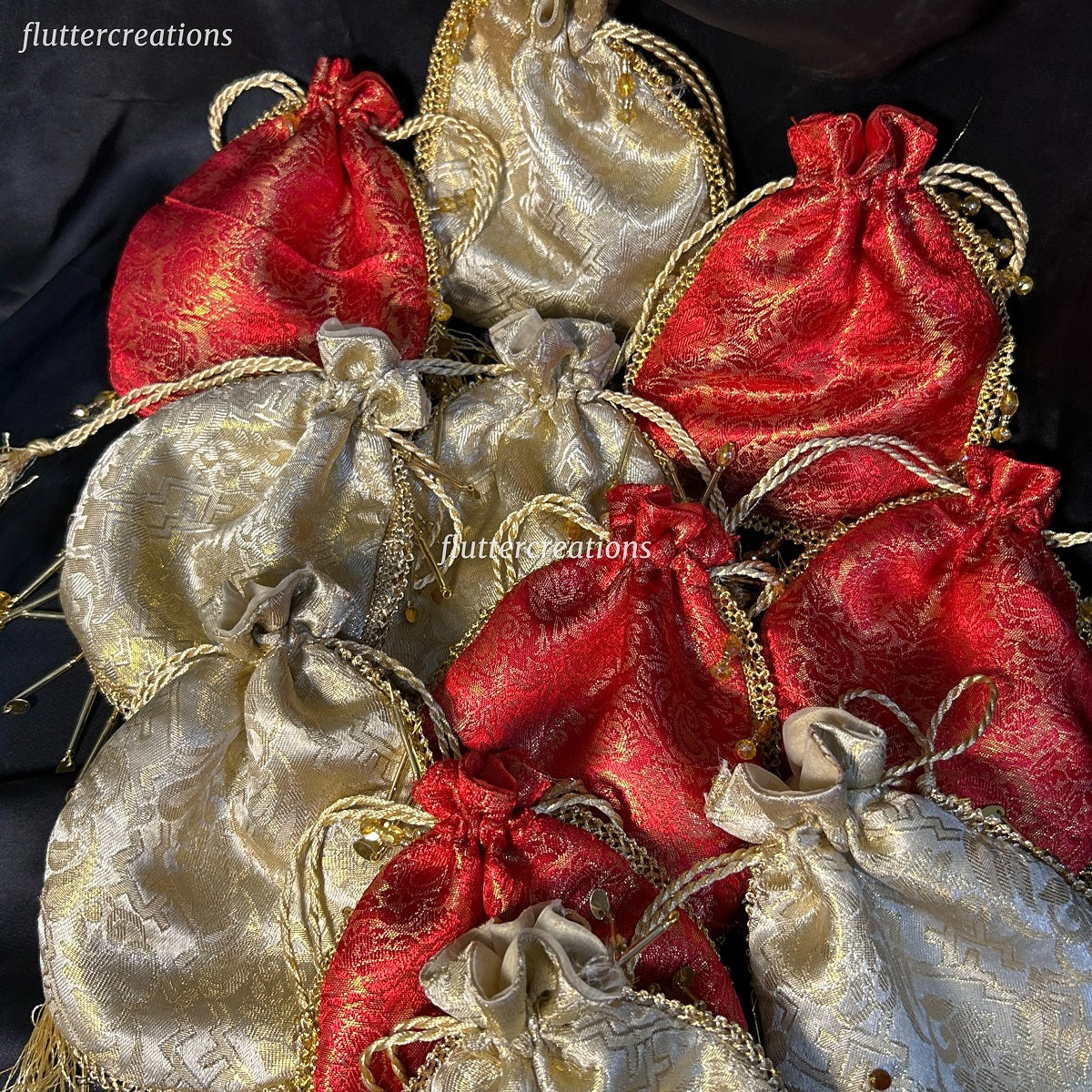Red or Golden Jamawar Pouches with Jhalar Lace