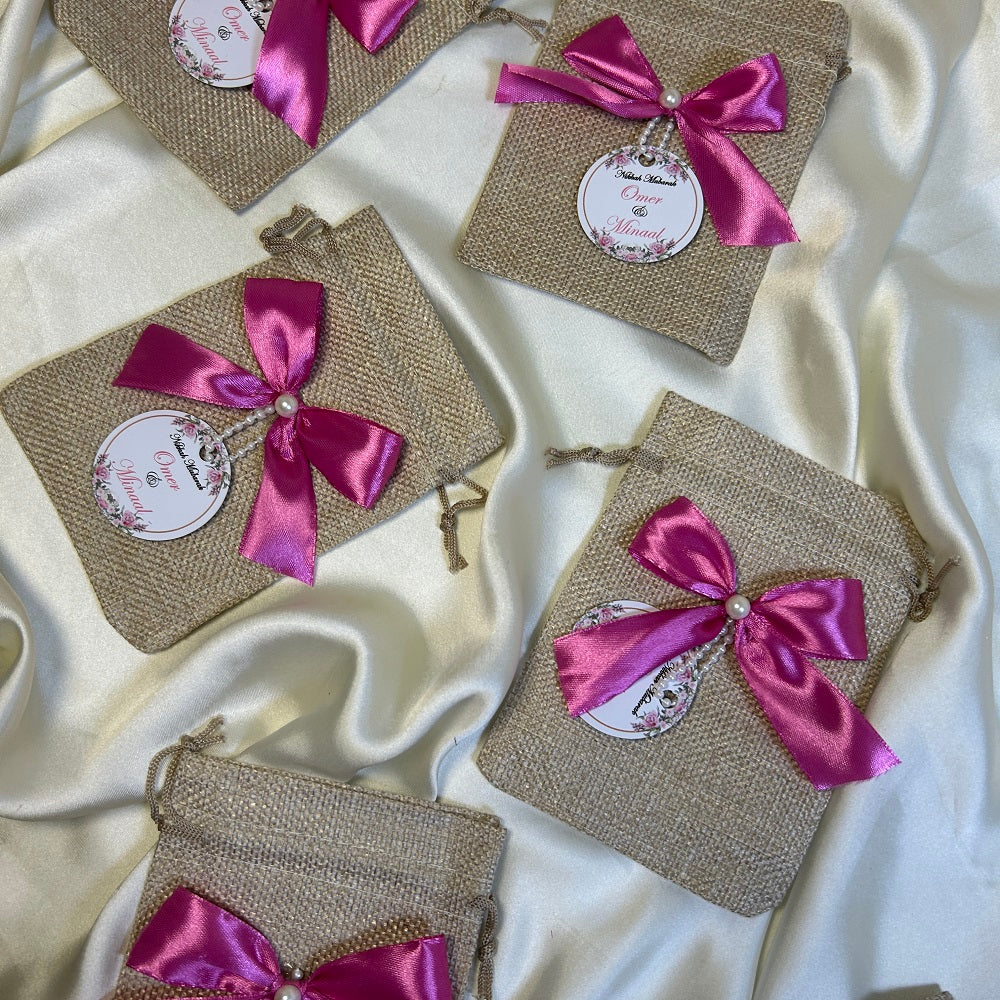 Khaki Jute Pouches with Pink Ribbon