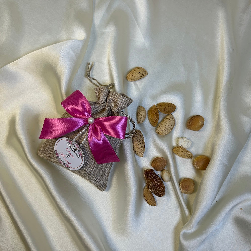 Khaki Jute Pouches with Pink Ribbon