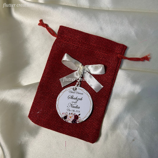 Maroon Jute Pouches with Off white Ribbon