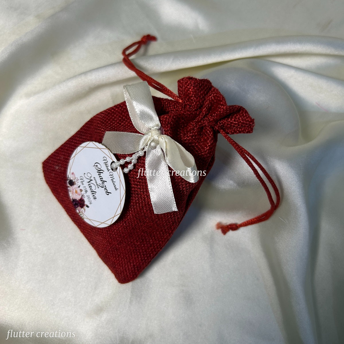 Maroon Jute Pouches with Off white Ribbon