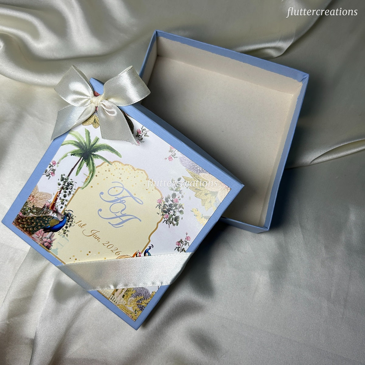 Engagement Mithai Box with Off white Ribbon (peacock design )