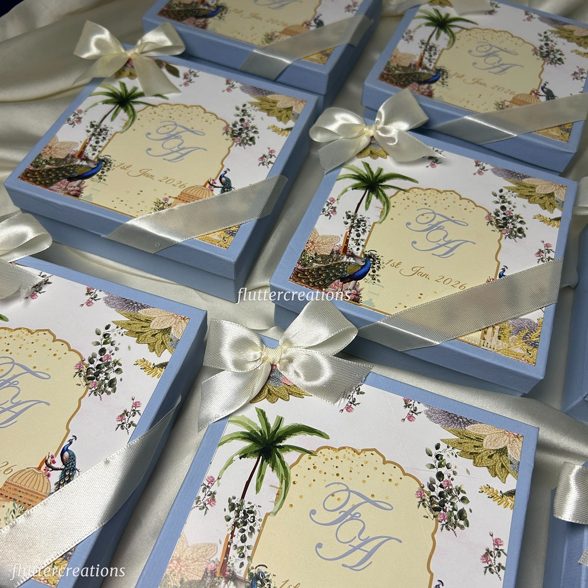 Engagement Mithai Box with Off white Ribbon (peacock design )