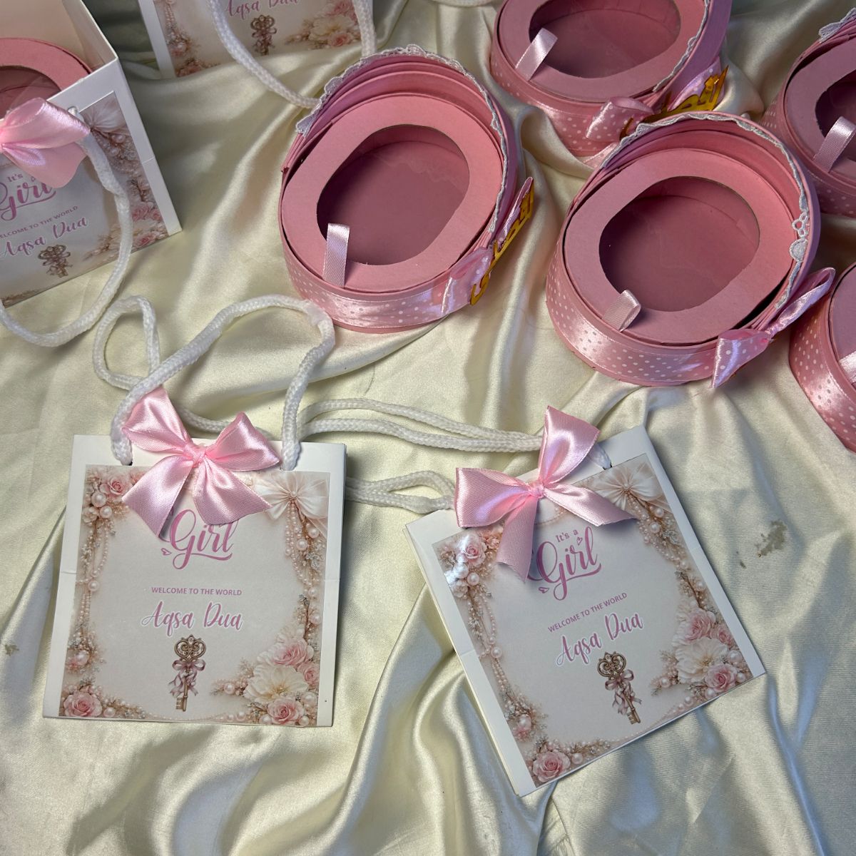 Pink Cradle Box with Ribbon & Name Cutout