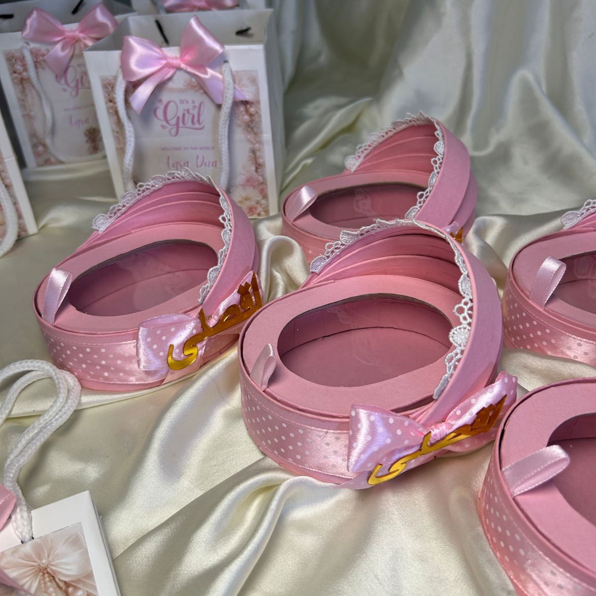 Pink Cradle Box with Ribbon & Name Cutout