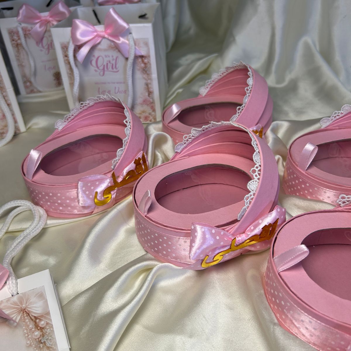 Pink Cradle Box with Ribbon & Name Cutout