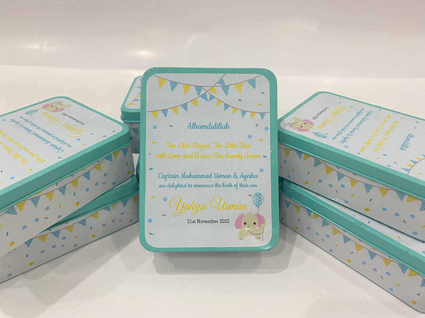 Personalized Baby Boy Announcement Pastel Theme Tin Box