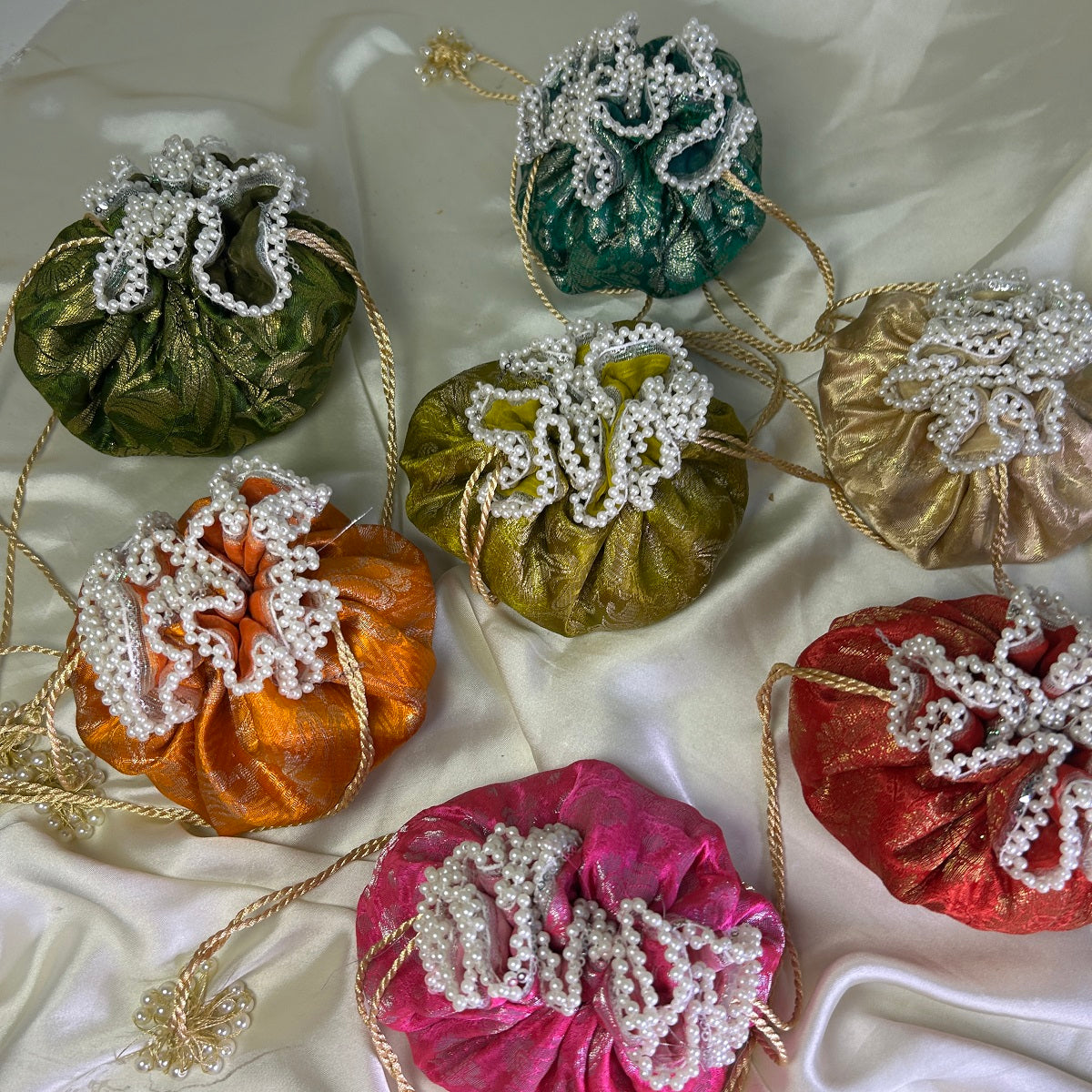 Multicolor Jamawar potlis with pearl lace and tassel (250g-350gm dry fruits)