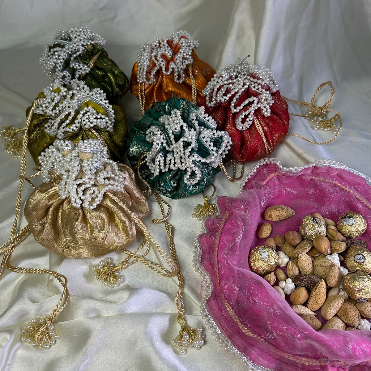 Multicolor Jamawar potlis with pearl lace and tassel (250g-350gm dry fruits)
