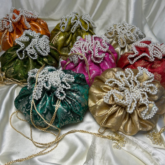Multicolor Jamawar potlis with pearl lace and tassel (1 kg dry fruits)