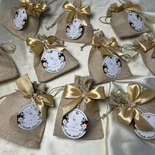 Khaki Jute Pouches with Golden Ribbon