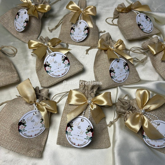 Khaki Jute Pouches with Golden Ribbon