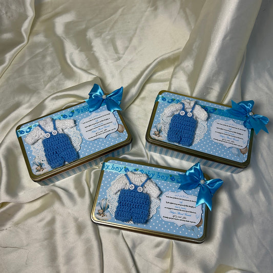 Baby Boy Announcement Tin Box - Crochet Dress