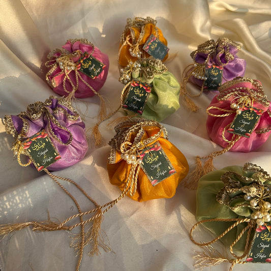 Multi Color Organza potlis with Pearl tassel and name tag