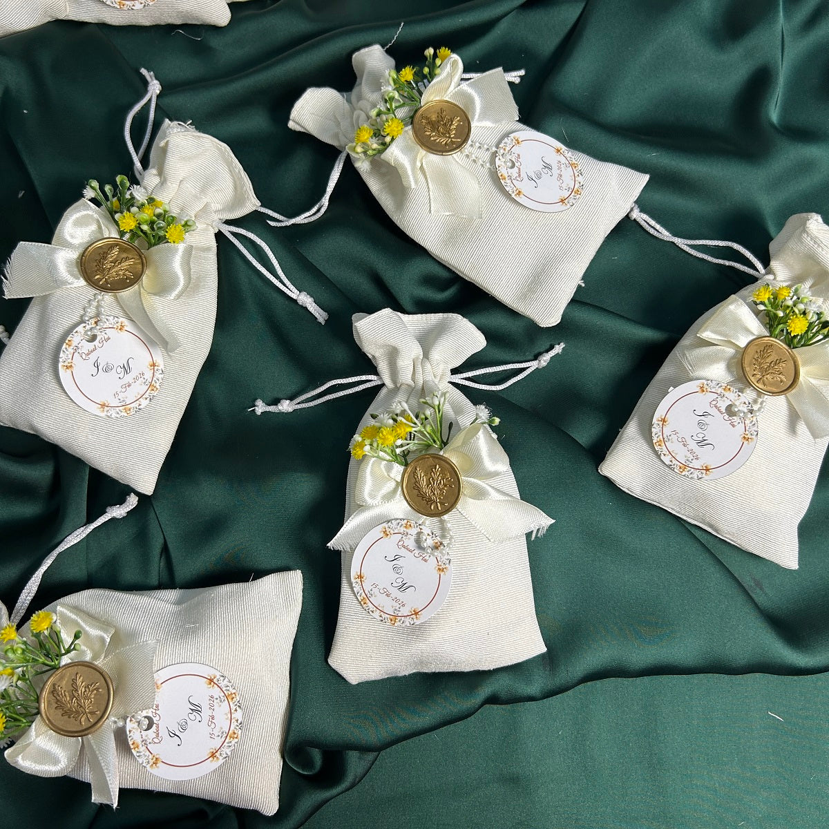 Premium White Pouches with Wax Stamp and Yellow Baby's breath