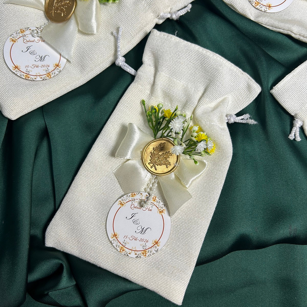 Premium White Pouches with Wax Stamp and Yellow Baby's breath