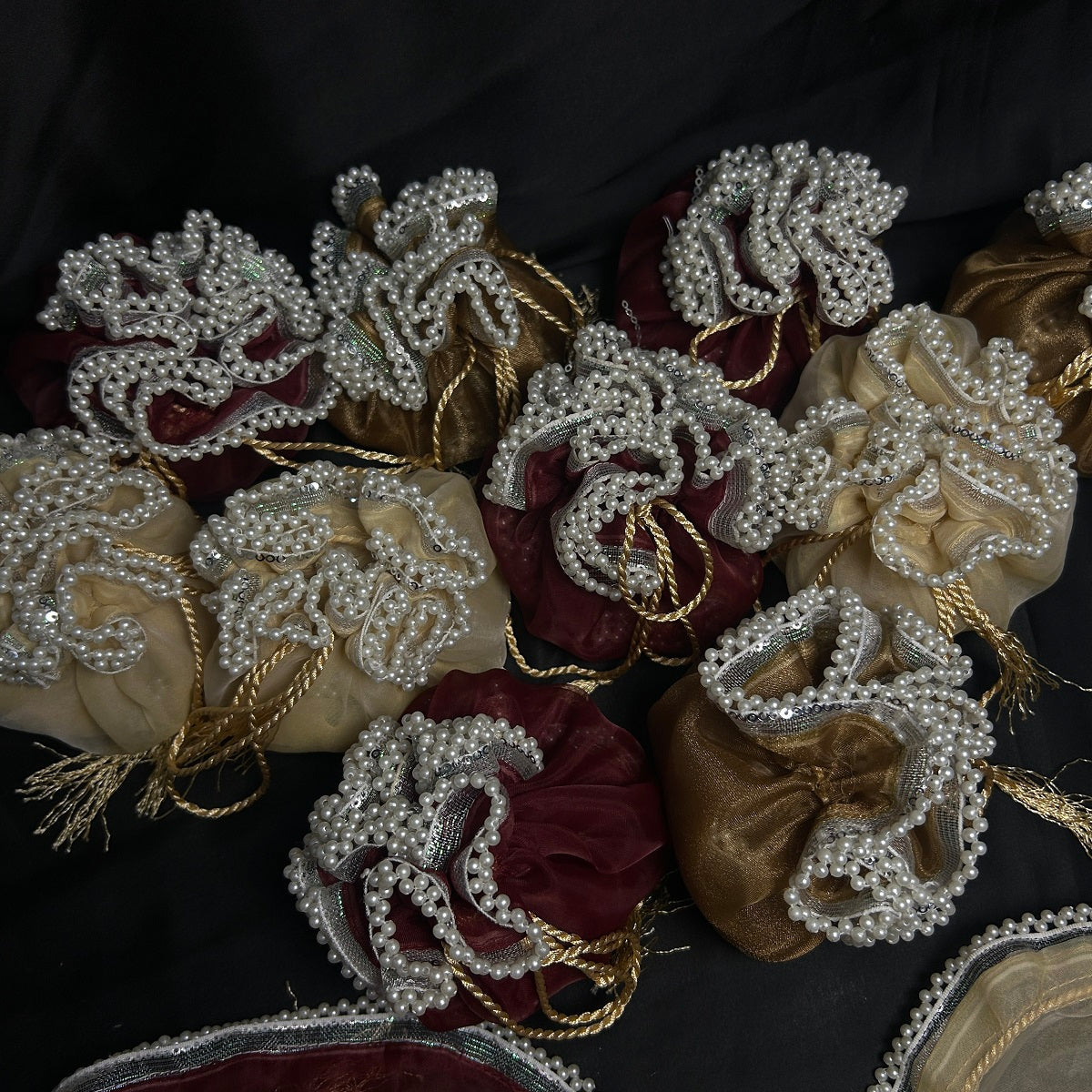 Organza potlis/pouches with pearl lace