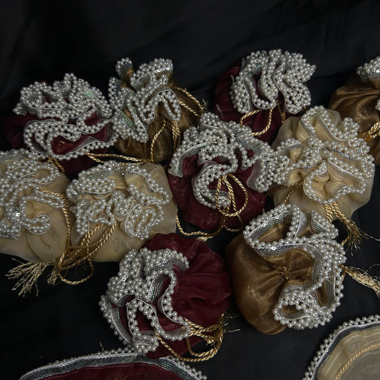 Organza potlis/pouches with pearl lace