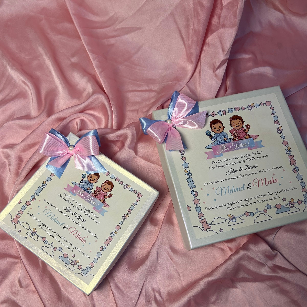 Twin Baby Announcement Box With Double Bow Ribbon