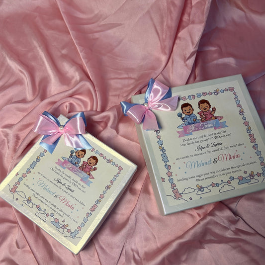 Twin Baby Announcement Box With Double Bow Ribbon