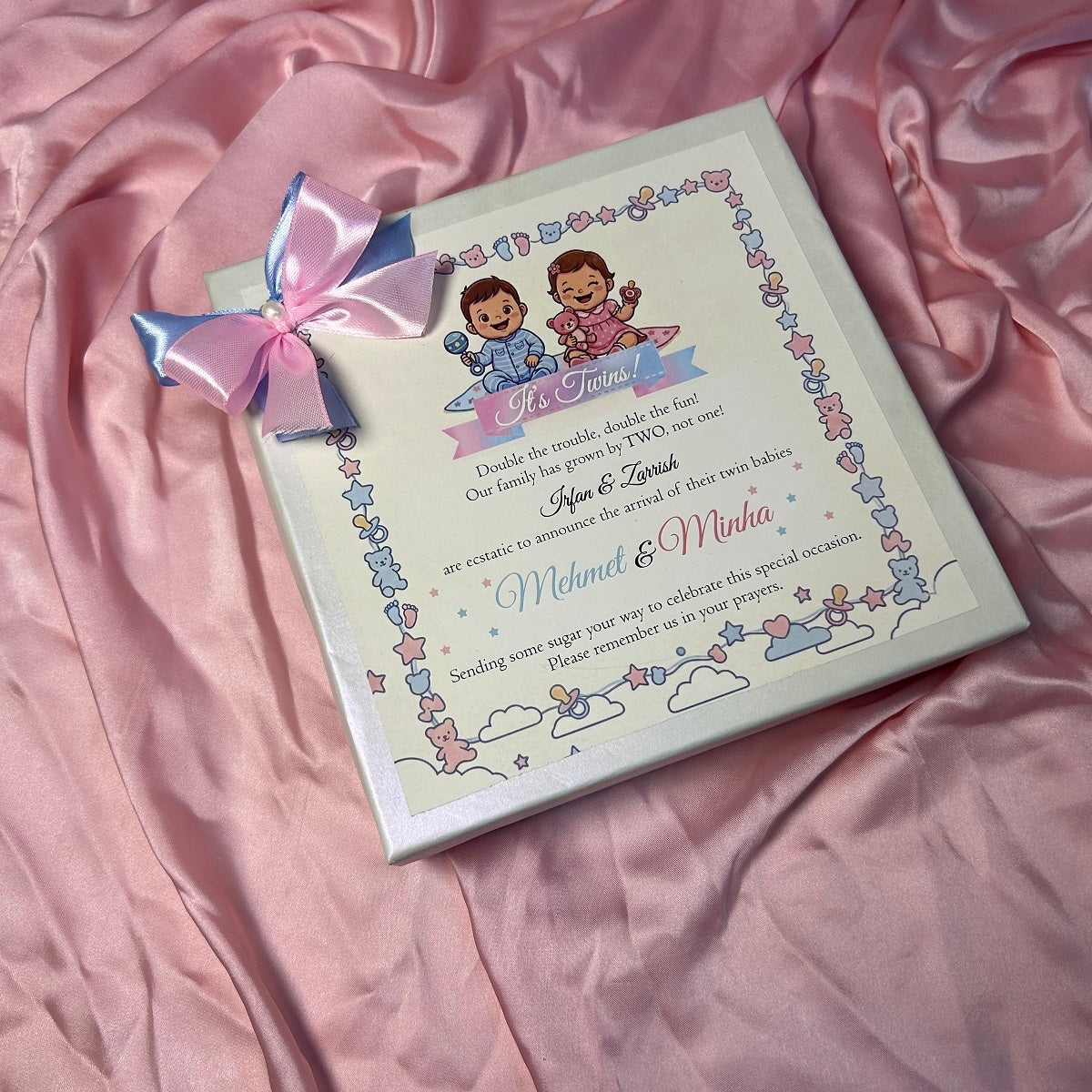 Twin Baby Announcement Box With Double Bow Ribbon