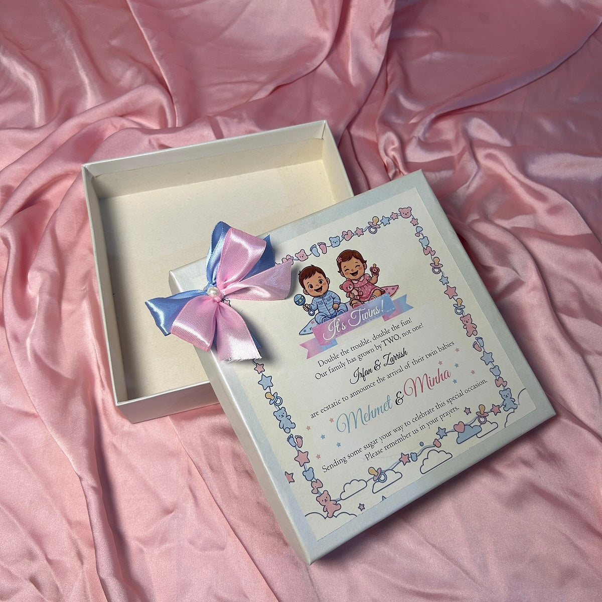 Twin Baby Announcement Box With Double Bow Ribbon