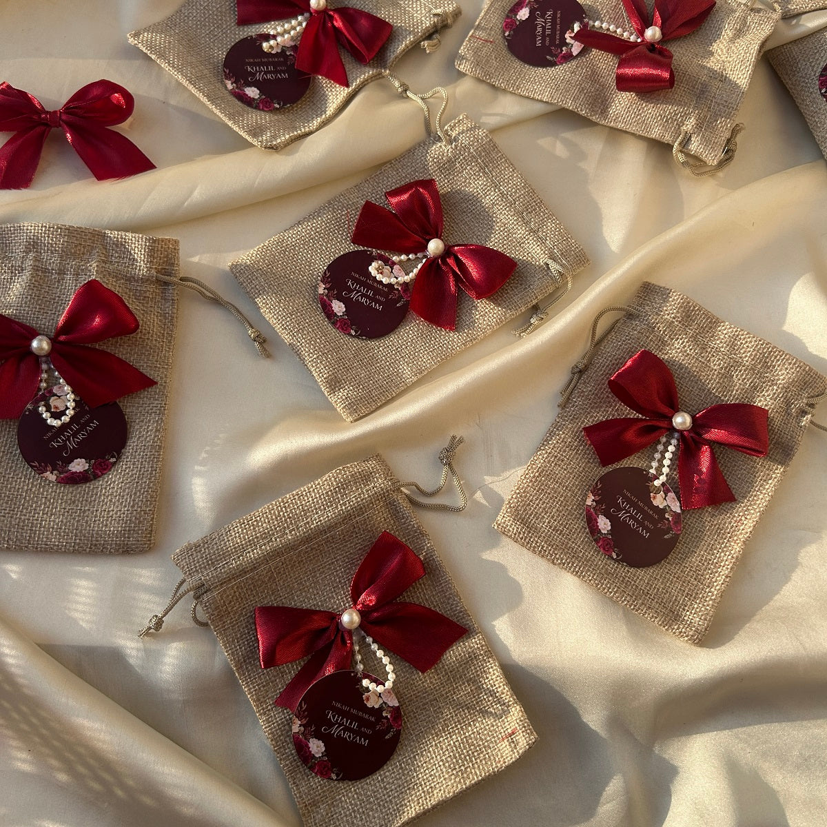 Red Ribbon Jute Pouches