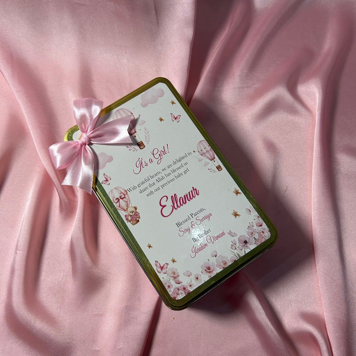 Baby Girl Announcement Tin Box with Pink Ribbon Bow